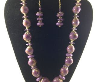 Gold leaf and lavender necklace/earrings set