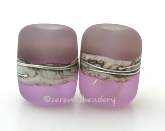PINK Champagne and Sepia BROWN Night Owl Tube Pair Lampwork Glass Bead - TANERES silvered ivory and fine silver wrap