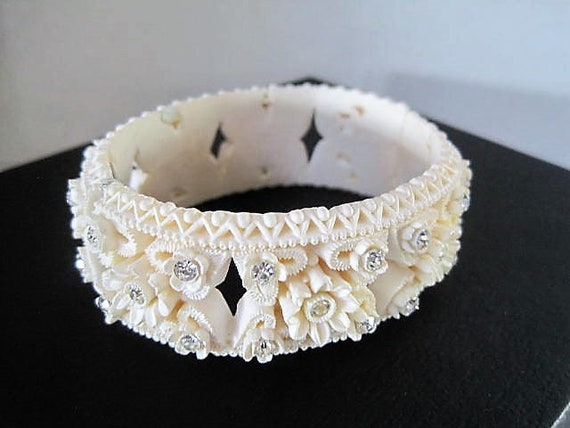 Celluloid Clamper, White Roses and Rhinestones, Vintage White Hinged Bangle