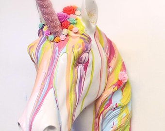 Unicorn head wall mount art ~ rainbow metallic hand painted interior decor statement ~ animal faux taxidermy ~ birthday gift
