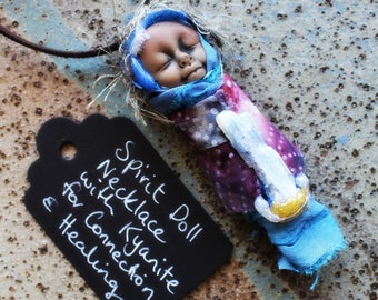 Spirit Doll Necklace - with Kyanite - Handcrafted Spirit Doll Pendant . Handmade Clay Jewelry . Goddess . Crystal and Gemstone Jewelry