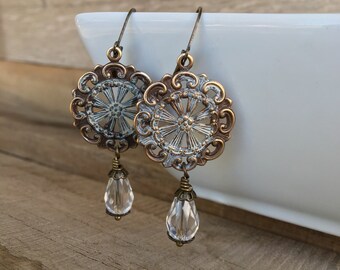 Natural brass filigree and crystal earrings