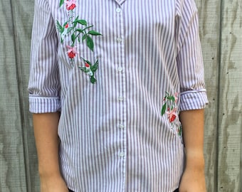 Vintage Embroidered Hummingbird Striped Button Up Blouse