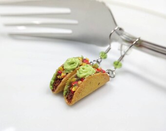 Taco Earrings, Hard Shell Taco Earrings, Guacamole Taco, Crispy Taco Earrings, Miniature Food Jewelry, Food Earrings, Dangle Earrings,