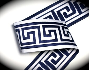 Woven Jacquard Ribbon Greek Key Trim - 1 7/8" Navy Blue and White