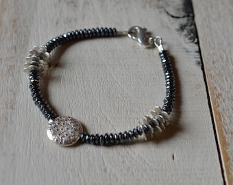 Simple Chic Faceted Hematite and Hill Tribe Silver Beaded Bracelet - All Sterling Silver