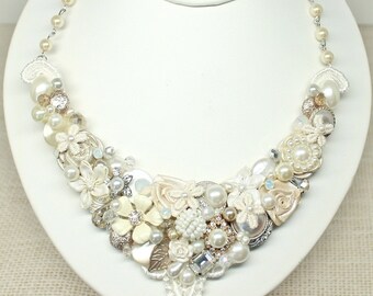 Statement Necklace- Bridal Bib Necklace- Wedding Necklace- Ivory Bridal Necklace-Vintage Inspired Necklace- Brass Boheme-Vintage Wedding Bib
