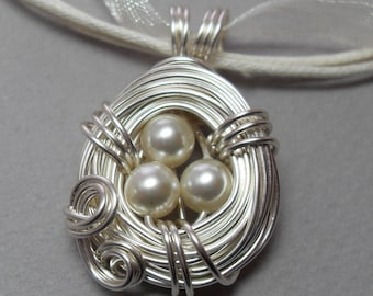 Pearl Bird's Nest Necklace Silver Wire Wrapped