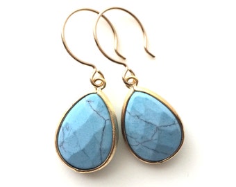 Blue Turquoise Earrings, Blue Earrings, Light Blue Turquoise Gold Earrings