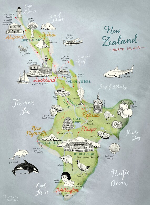 large print new zealand map of north island giclee art print