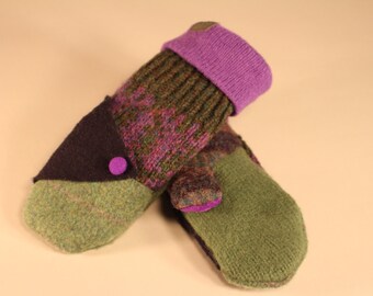 Orange and brown recycled mittens for woman - winter mittens