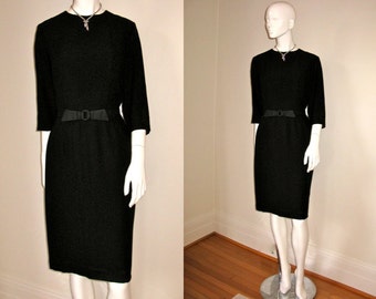 Vintage 1950s 1960s Black Dress w/Black Satin Bow Belt LBD