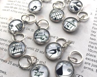 10 Knitting stitch marker rings Cats and birds cabochon