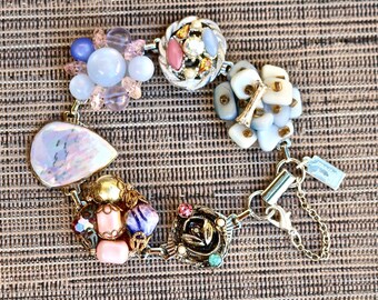 Upcycled Vintage Earring Bracelet, Gift for Her Bridesmaid, Cluster, Pink Blue, Multicolor Silver Rhinestone, Jennifer Jones OOAK Pastel Sky