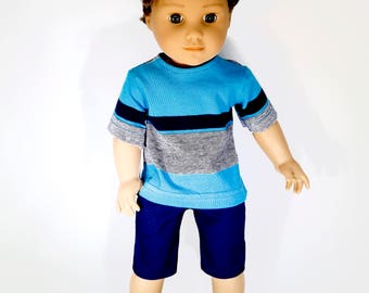 18 inch boy doll clothes, boy doll clothing made to fit like american girl doll clothes, turq/navy striped T-shirt and navy shorts