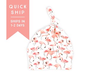 FLAMINGO PARTY Organic Knotted Hat. Baby Hat. Newborn Hat. Coral Baby Hat. Organic Infant Hat. Infant Beanie. Quick Ship.