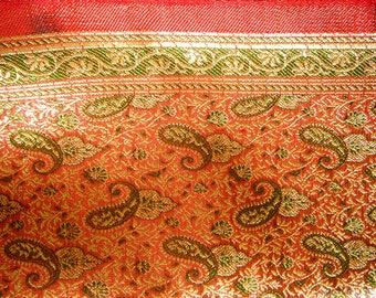silk and gold exotic weave fabric, paisly design, indian, yardage, red vermillion olive gold, intricate pattern, altar cloth sunnydaydreams