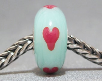 SMALL CORE Handmade Lampwork Bead Glass Big Hole Bead Red Hearts on Seafoam