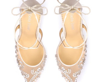 Opal crystal embellished and beaded wedding shoes heels with ankle straps Bella Belle Florence