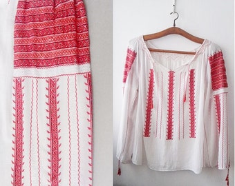 Vintage Romanian blouse ,Red white Embroidery ,hand made Embroidery, Balkan Folk blouse, red white embroidered blouse ,Free shipping
