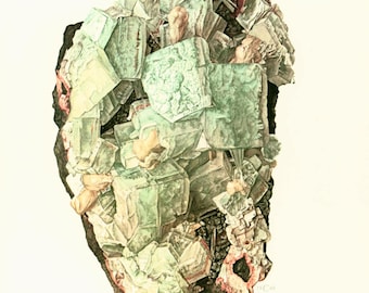 1970 Apophyllite on Basalt Rock Matrix, Mint Green Blocky Crystals, Gemstone, Collector Mineral Specimen, Brazil