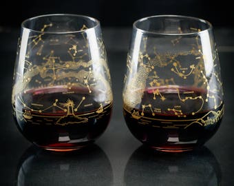 Night Sky Star Chart Stemless Wine Glasses Northern Hemisphere (Pair) | Astronomy Metallic Gold Stars Space Science, Star Map Constellation,