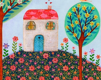 House Painting - Folk Art - House Wall Art - House Warming Gift - Home Decor - Wooden Art Block