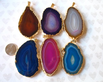 Druzy Drusy Agate Pendant Charm / 40-70+ mm, 1.5-3" inch / Silver or Gold Electroplated Edge Druzzy / pink blue teal ap50.1 wf solo