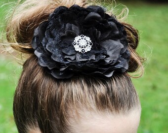 Huge black hair flower, black flower hair clip with rhinestone accents, black flower hair clip hair accessory