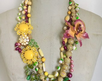 Floral Statement Necklace, Colorful Neckmess, Vintage Assemblage Necklace