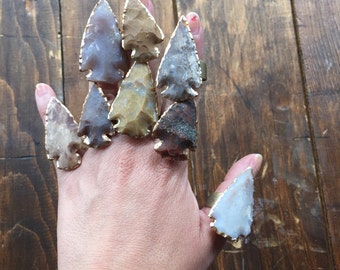 Ready to Ship- Agate Arrowhead Stone Adjustable Ring/ Arrowhead Ring/ Statment Ring/ Natural Gem Stone/ Geode Jewelry/ Boho Wedding/