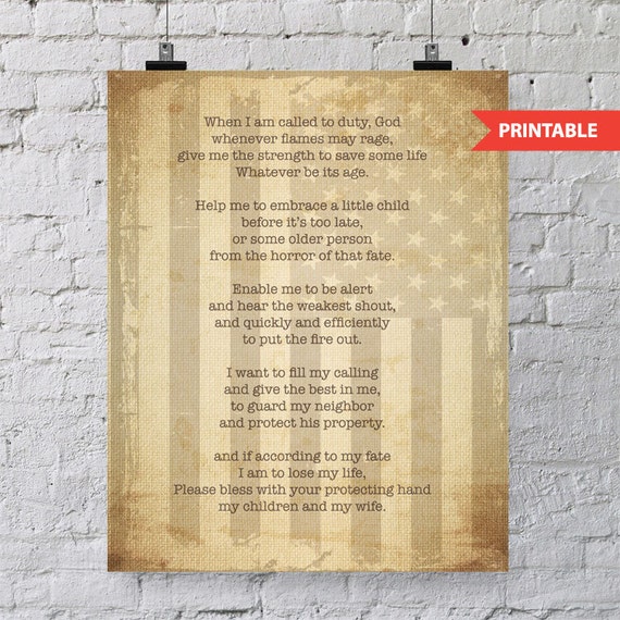 Printable artwork THE FIREMAN'S PRAYER. 8x10 instant
