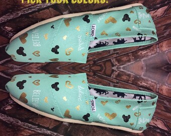 Disney Inspired BELIEVE Shoe. Mint & Gold Disney Toms. Mint Mickey Toms. Believe Toms.