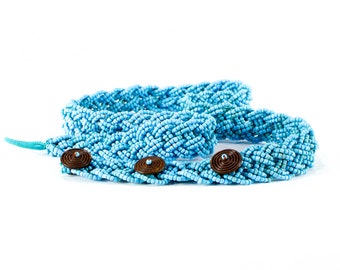 ViNTAGE: Glass Beaded Belt - Beaded Belt - Wood Button Belt - Blue Belt - SKU 19-B2-00011534