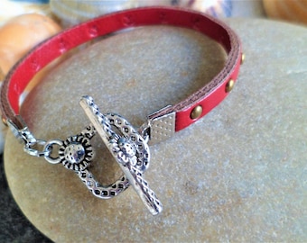 Studded bracelet red Bronze flower sunflower 16.5 Cm, thickness 5 mm Togle clasp