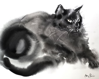 Black cat - original watercolor painting