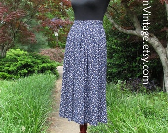 VINTAGE MIDI SKIRT, 90s Boho Rayon Print Skirt, ditzy floral skirt, Navy Dark Blue Purple White flowers, knee-length pleated skirt, pockets!