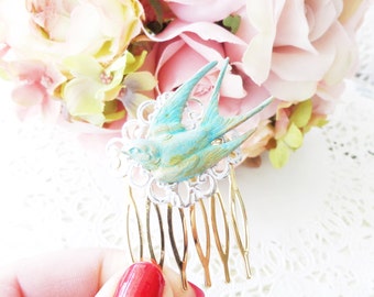 Verdigris Sparrow Hair Comb - Sparrow Hair Comb - Woodland Bird Hair Comb - Verdigris Blue Green Swallow Hair Comb - Bridal Hair
