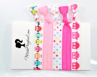 Owls Hair Ties, Pink Owls, Colorful Dots, Elastic Hair Ties, Handmade, Elastic Ribbon, Ponytail Holder, Knotted Hair Ties, missponytail