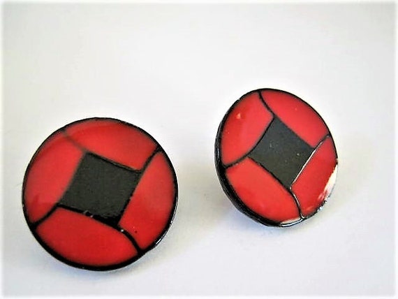 Art Deco Earrings, Red and Black, Geometric Enamel, Button Style, Fabulous Pierced