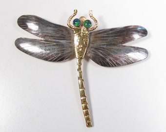 Vintage Sterling Silver Gold Dragonfly Pendant Brooch Fire Opal Eyes Hand Signed