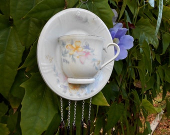OOAK Vintage Teacup and Saucer Windchime, Handmade Garden Art, Shabby Chic Floral Glass Yard Art, Stained Glass Windchime