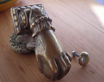 Antique brass hand door knocker. Old French hand door knocker. French Door Knocker with Striker.