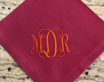 Set of Six Magenta Cotton Dinner Napkin with "Grace" monogram.