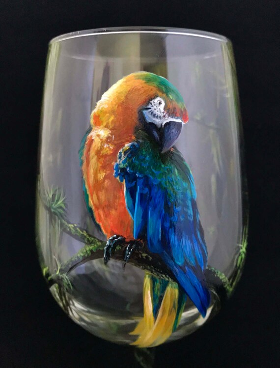 Parrot Wine Glass Hand Painted Blue and Yellow Scarlet Macaw