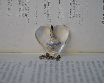 Vintage Lucite Sterling Heart Pendant - 1940s WWII Sweetheart Token Pendant, Free Shipping