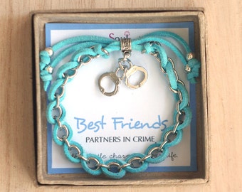 Best Friends Partners in Crime, Aqua blue cord and Silver Handcuffs Charm Friendship Bracelet, bridesmaid gift, bff gift