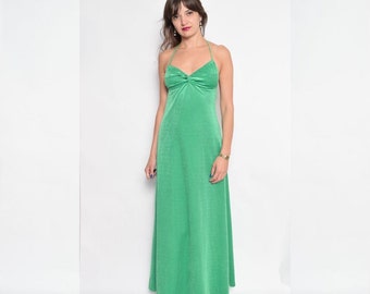 Vintage 70's Green Velvet Maxi Dress / Halter Velvet Dress / Sleeveless Velvet Maxi Dress - Size Extra Small