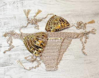 Gold Sequin Crochet Bikini Set Crochet Top Bottom Swimwear Womens Girls Swimwear Swimsuit Girlfriends Gift Ideas For Her-EXPRESS SHIPPING