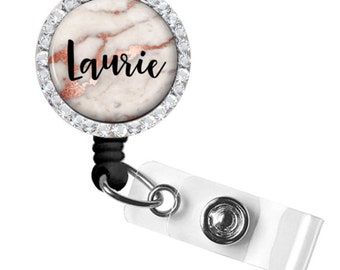 Rose Gold Marble Badge Reel | Nurse Badge Reel | Retractable Badge Holder | ID Badge Holder |Style 836